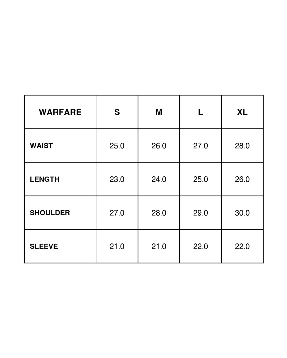 Warfare hoodie size chart