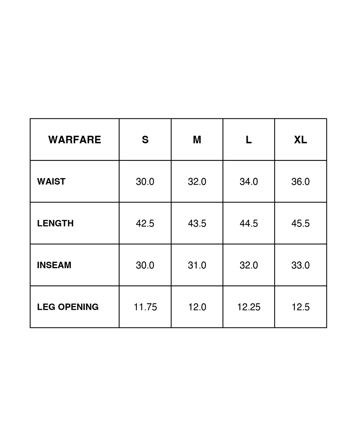 Warfare sweats size chart