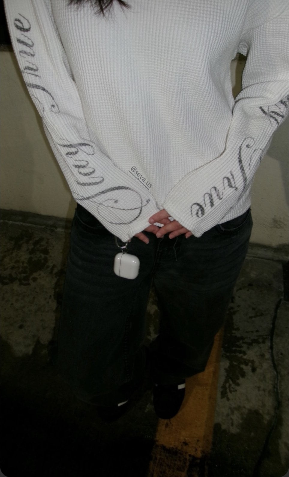 Customer wearing a SEYA waffle long sleeve