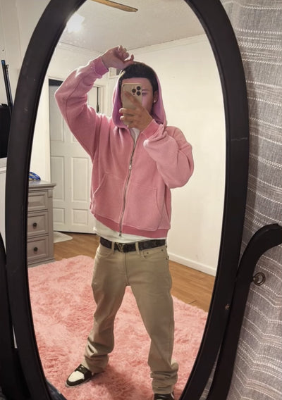 Customer wearing the Daydream hoodie in pink